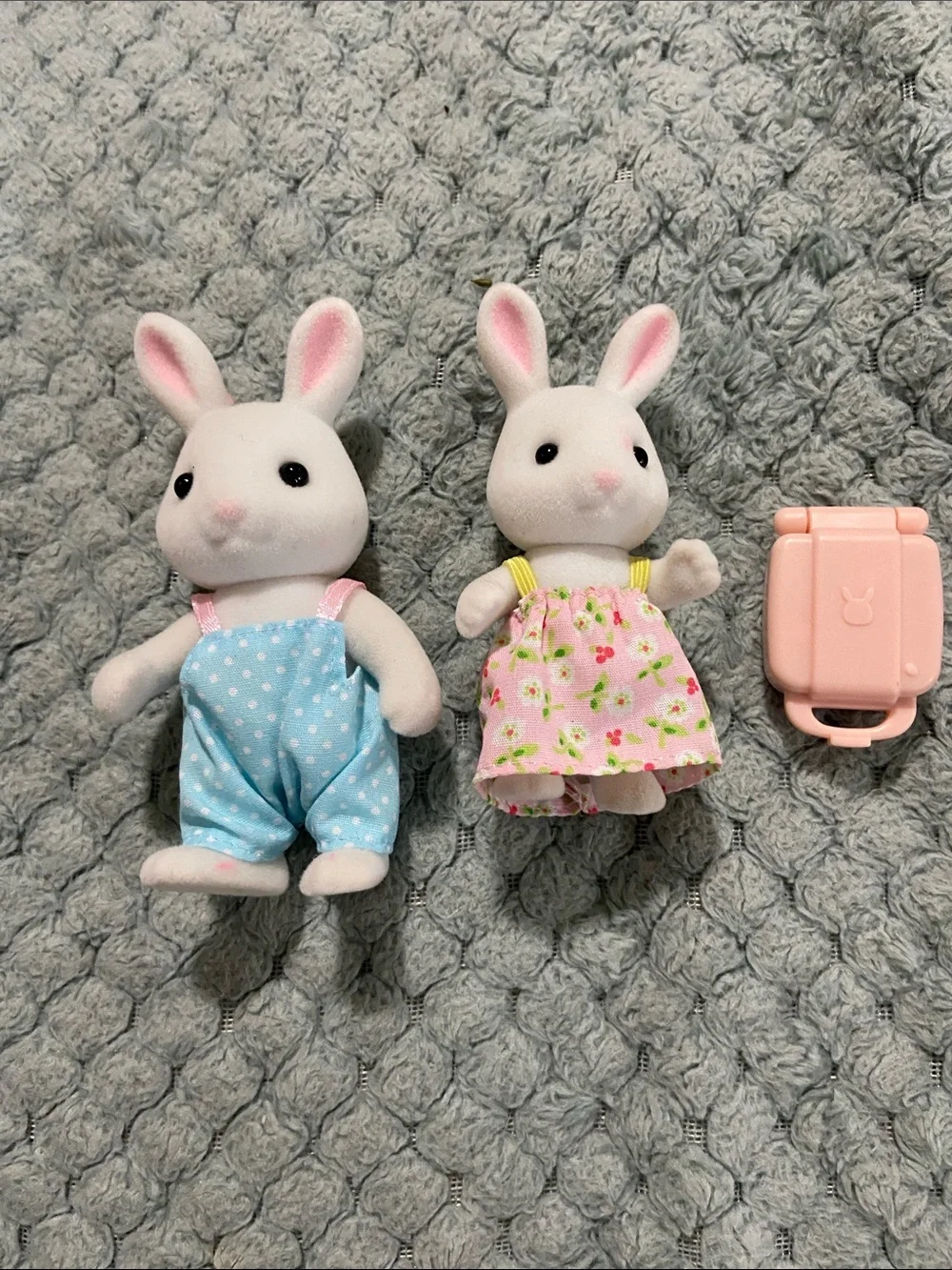Calico Critters Small White Bunny Plush Toy Pair with Pink and Blue Outfits